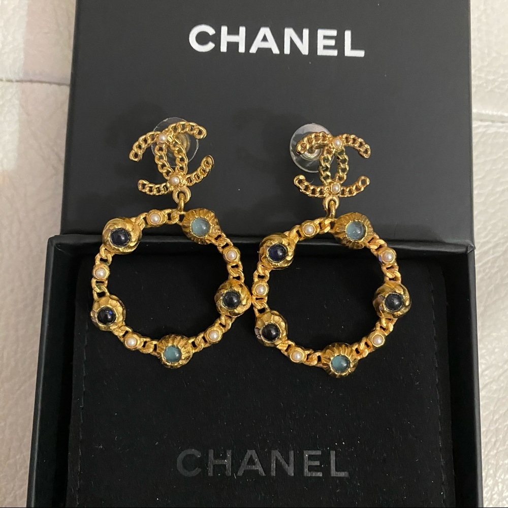 Chanel Golden Resin & Faux Pearl Dangle Earrings